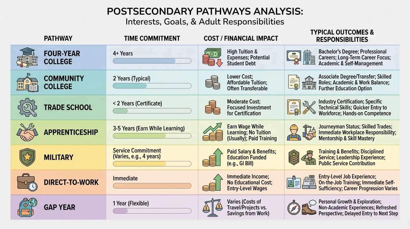 chart comparing four-year college, community college, trade school, apprenticeship, military, direct-to-work, and gap year by cost, time, and typical outcomes