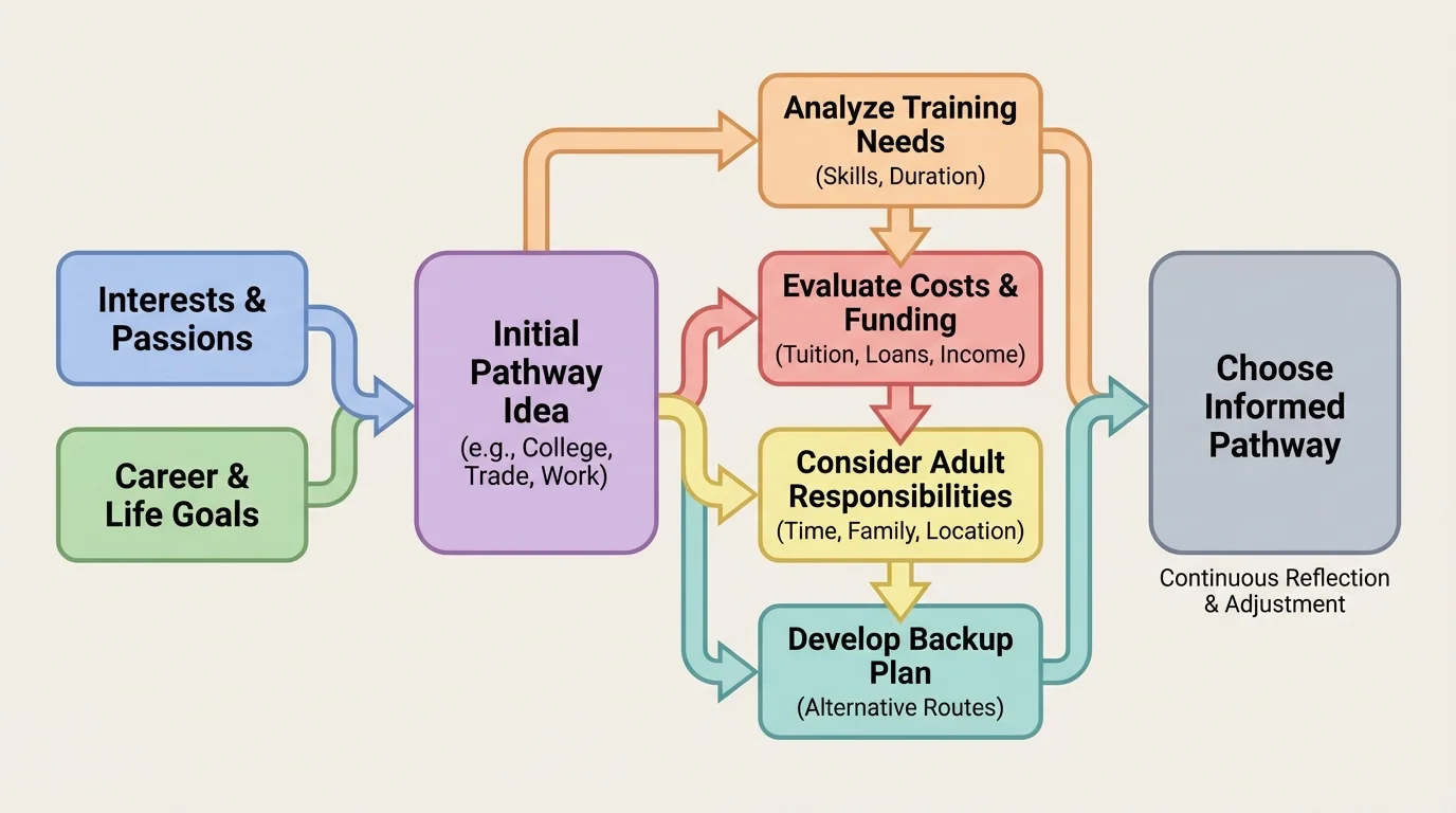 flowchart starting with interests and goals, then checking training needs, cost, responsibilities, and backup plan before choosing a pathway