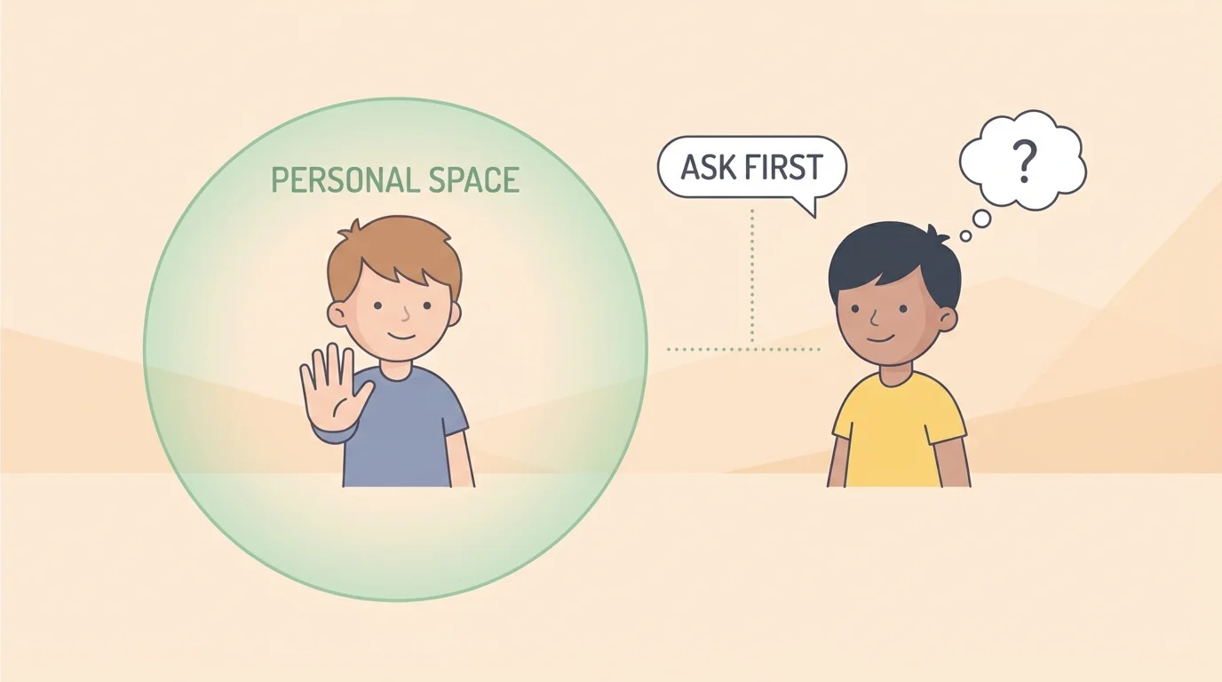 child holding up a hand for stop while another child stands a respectful distance away, with simple labels personal space and ask first