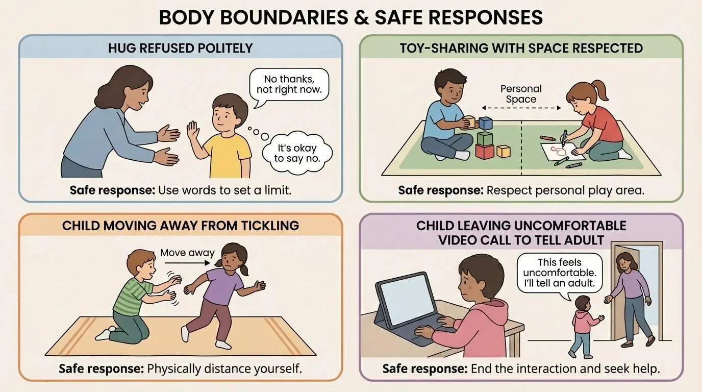 four small scenes: hug refused politely, toy-sharing with space respected, child moving away from tickling, child leaving uncomfortable video call to tell adult