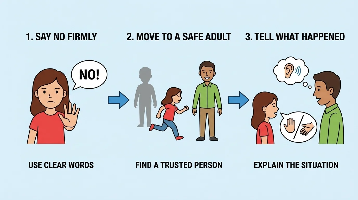 three-panel flowchart showing child saying No, moving to a safe adult, and telling what happened