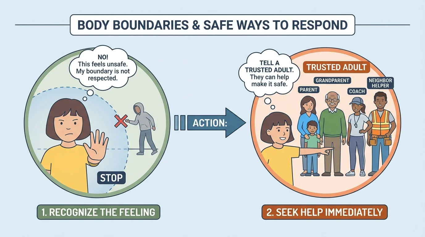 child pointing to parent, grandparent, coach, and neighbor helper with short labels trusted adult