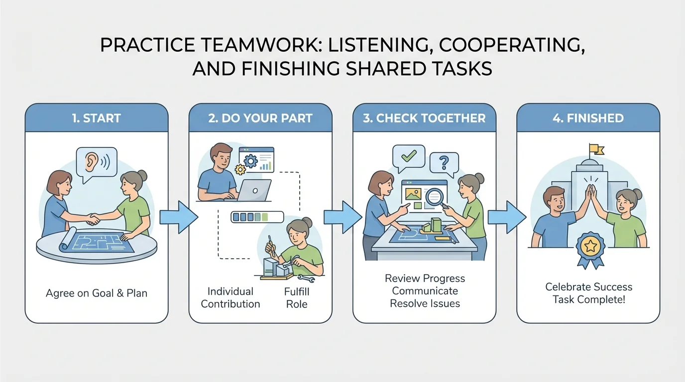 four-step shared task flowchart with pictures for start, do your part, check together, finished