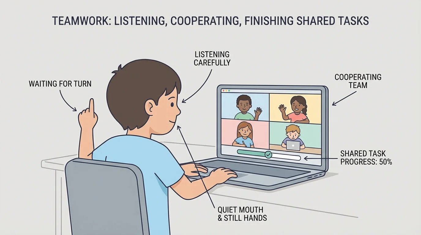 child on a video call listening carefully with eyes on screen, quiet mouth, still hands, and one raised hand waiting for a turn