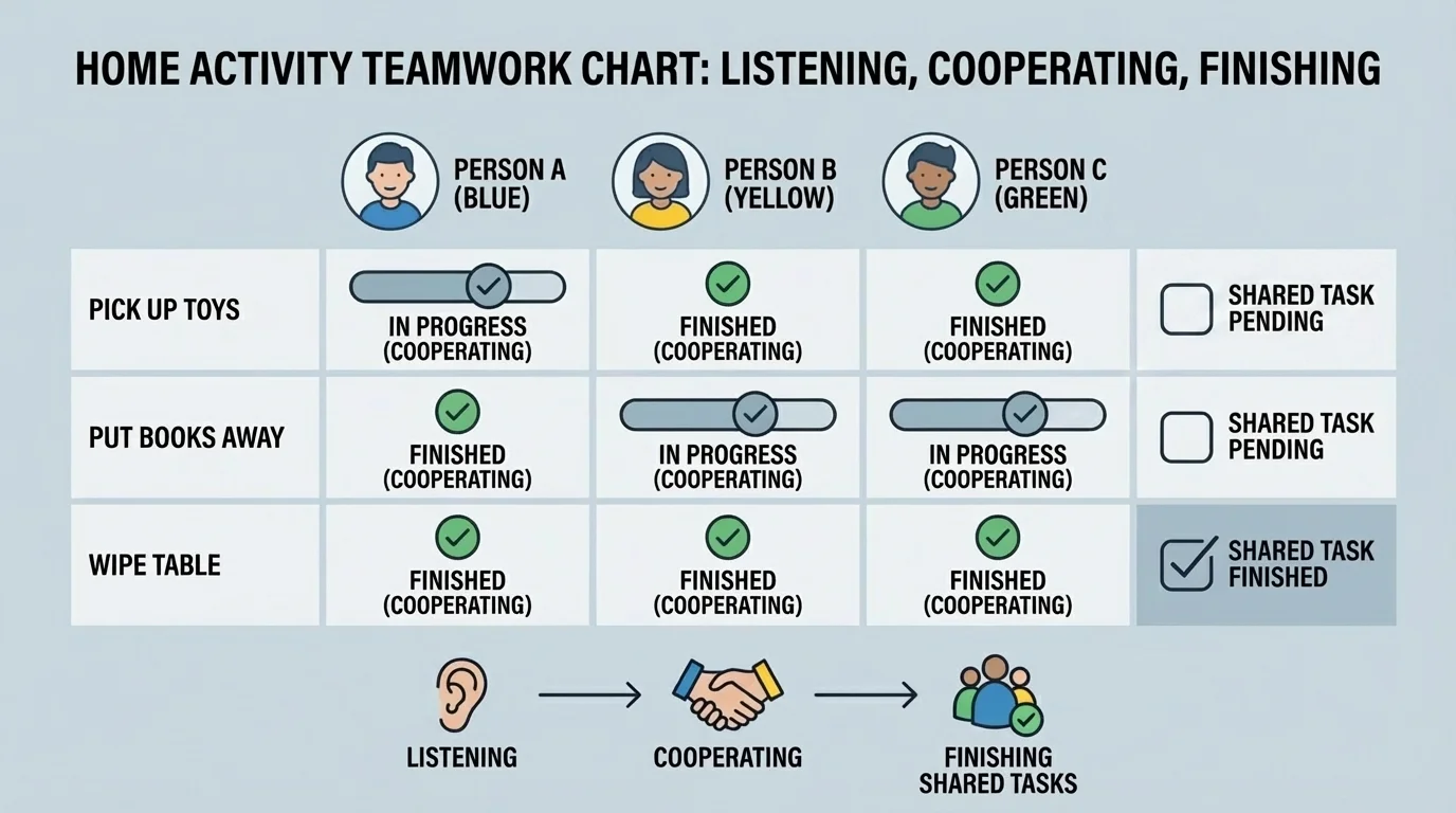 simple team task chart for a home activity with three people sharing jobs such as pick up toys, put books away, and wipe table