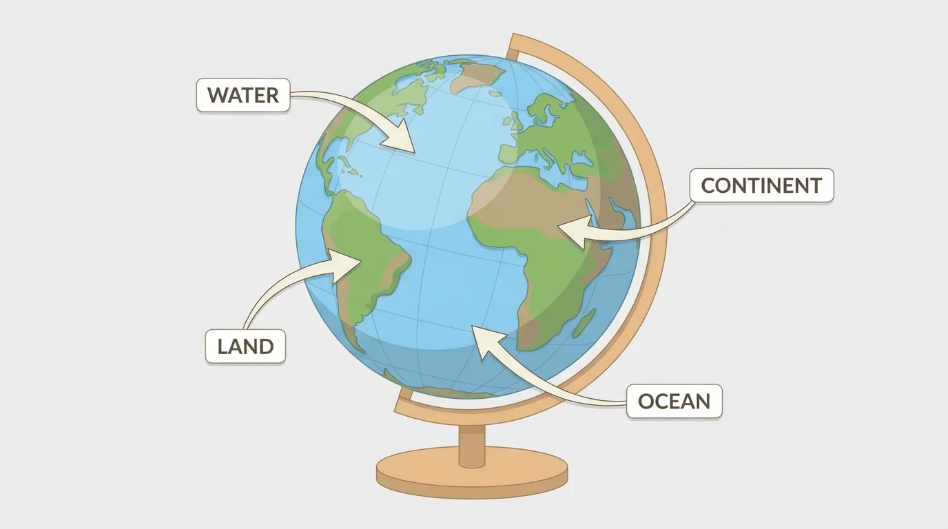 Round globe on a stand with simple labels for land, water, continents, and oceans