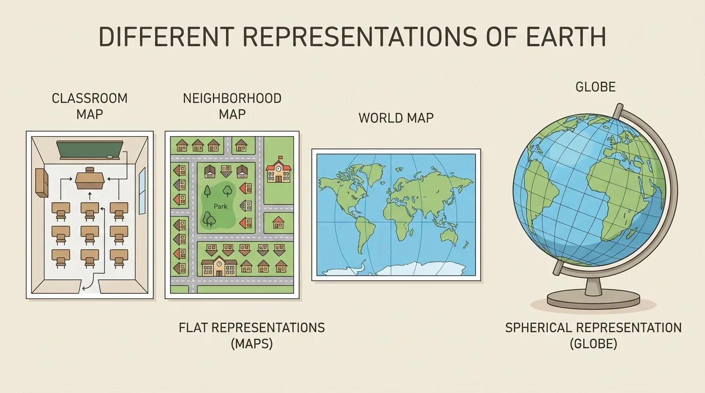 Simple comparison of a classroom map, a neighborhood map, and a world map on flat paper