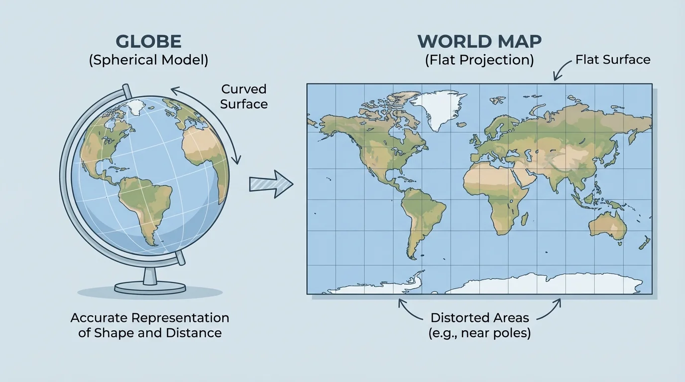 Side-by-side globe and world map comparing round Earth model and flat paper map