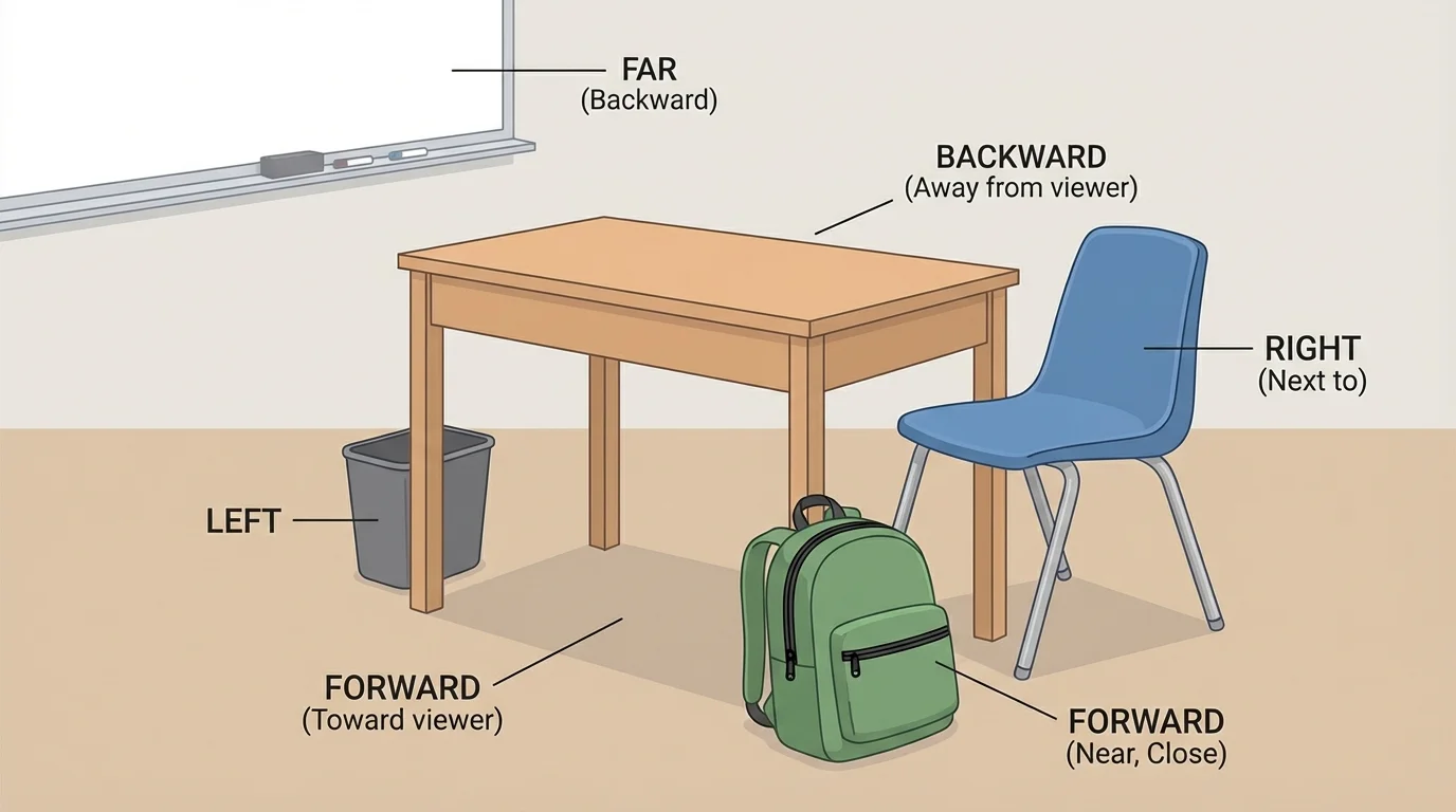 Classroom scene with a desk next to a chair and a backpack close to the desk