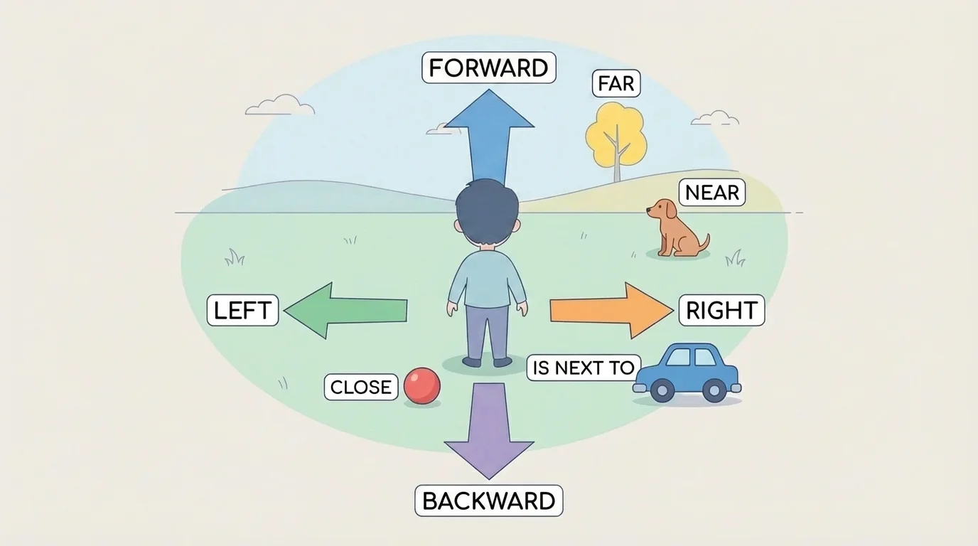 Child standing with arrows labeled forward, backward, left, and right