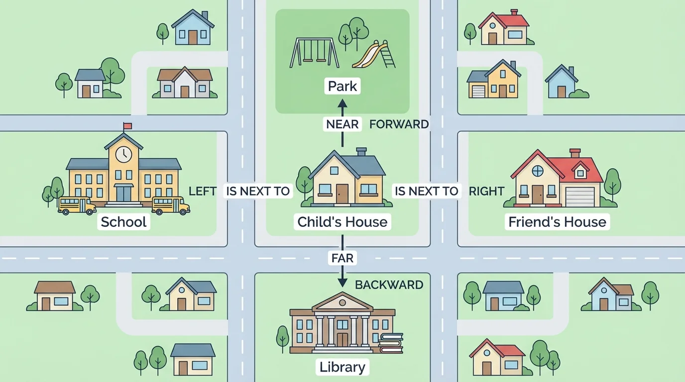 Simple neighborhood map with school, park, library, and houses labeled to show left, right, near, and far