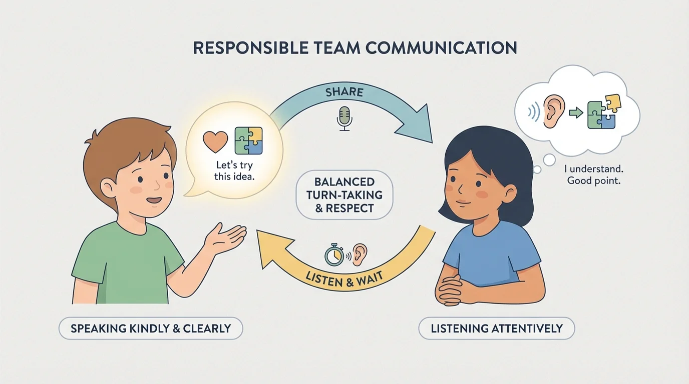 two children talking with one speaking kindly, one listening, and simple visual cues for turn-taking