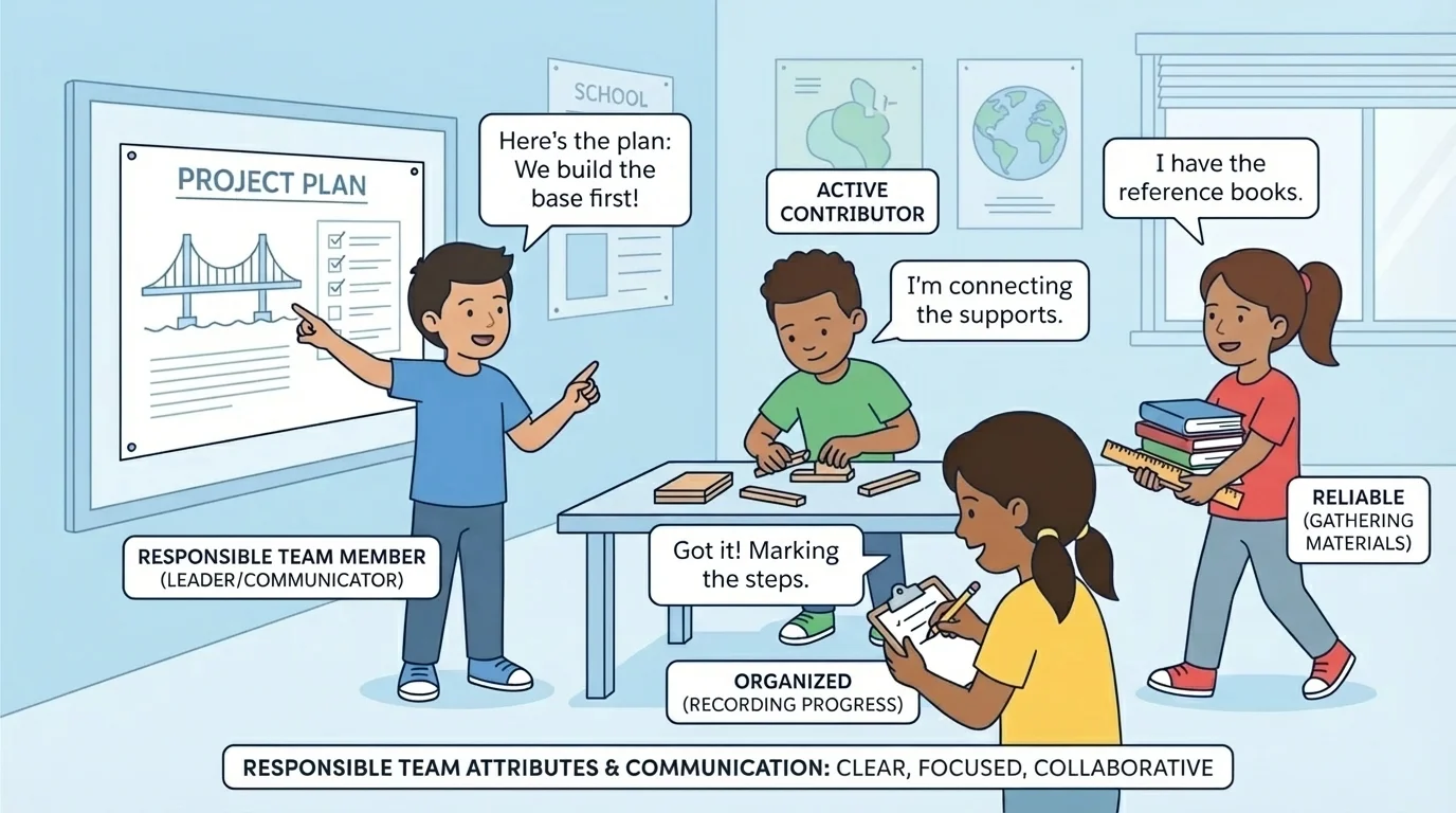 group project scene with one child pointing to the plan and other children carrying out different helpful jobs
