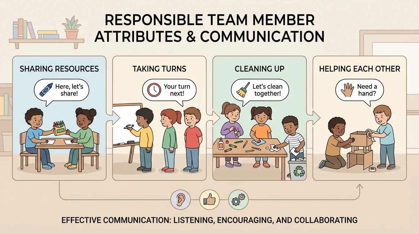 children in a classroom team sharing crayons, taking turns, cleaning up, and helping each other