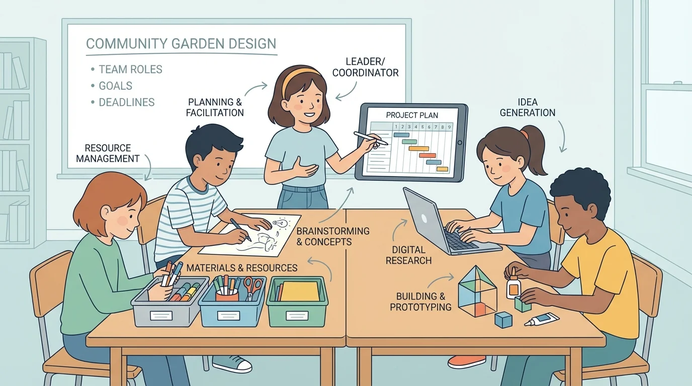 Small group working together on a class project, each child doing a different helpful job
