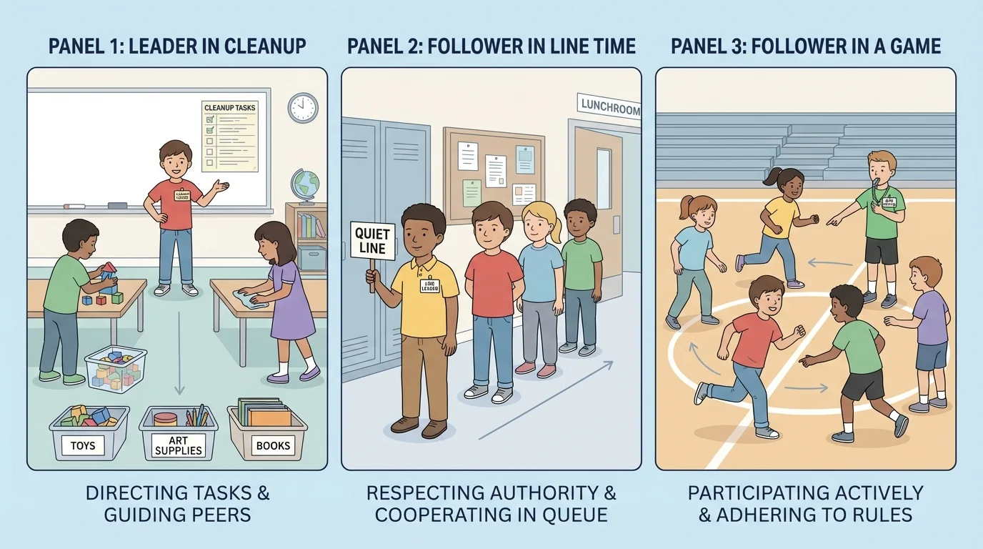 Three classroom scenes showing children taking turns leading and following during cleanup, line time, and a game