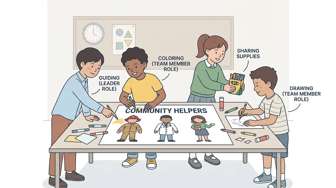 Children making a classroom poster, one child gently guiding, others drawing, coloring, and sharing supplies