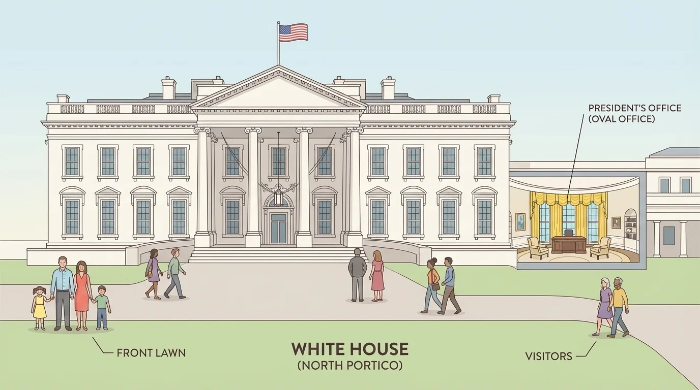 White House front view with the President's office inside, flag on top, and visitors outside on the lawn