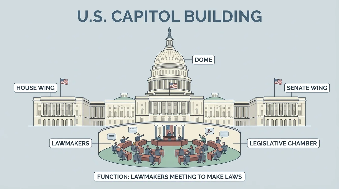 U.S. Capitol building with large dome, American flags, and simple inside scene of lawmakers meeting to make laws