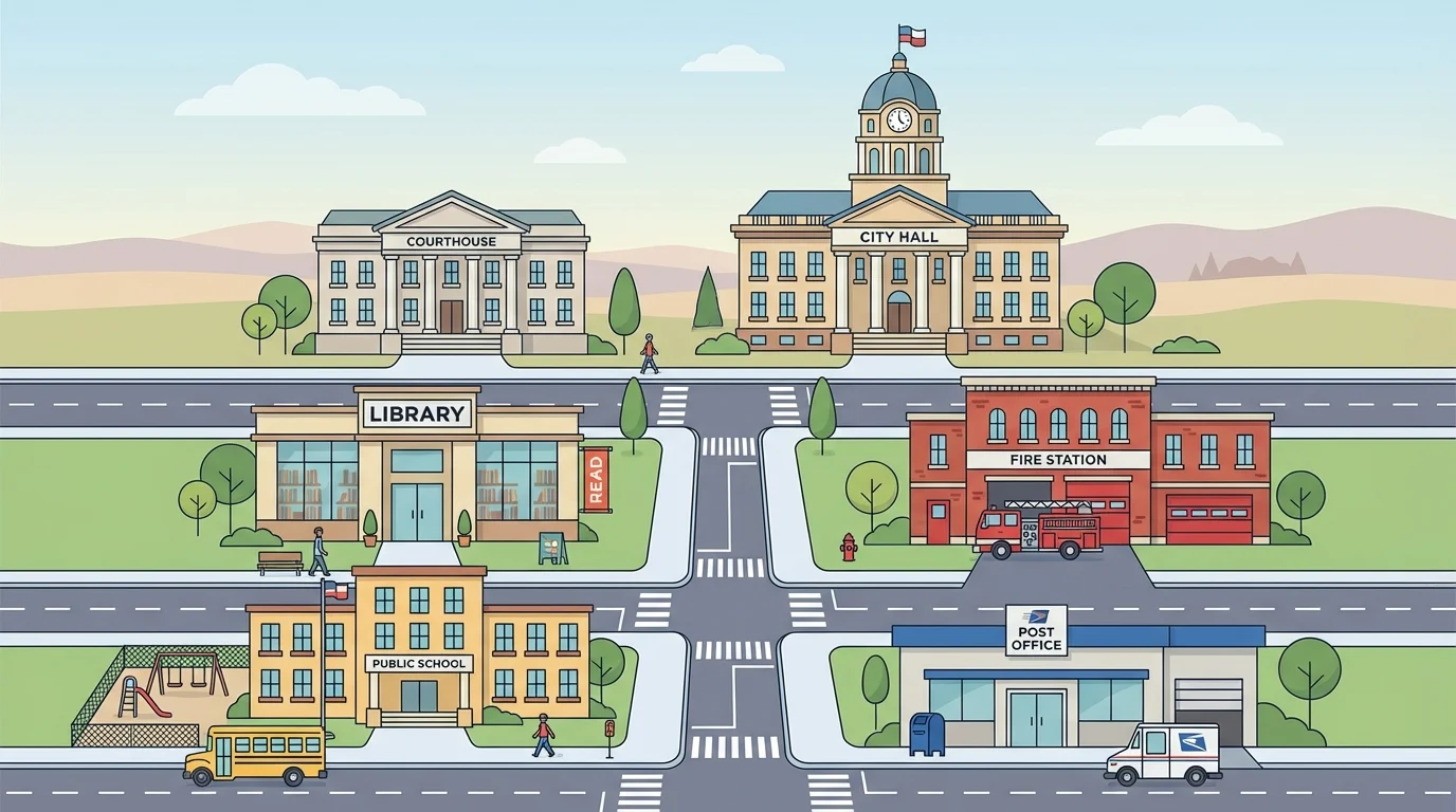 neighborhood scene with city hall, library, fire station, public school, courthouse, and post office, each clearly labeled
