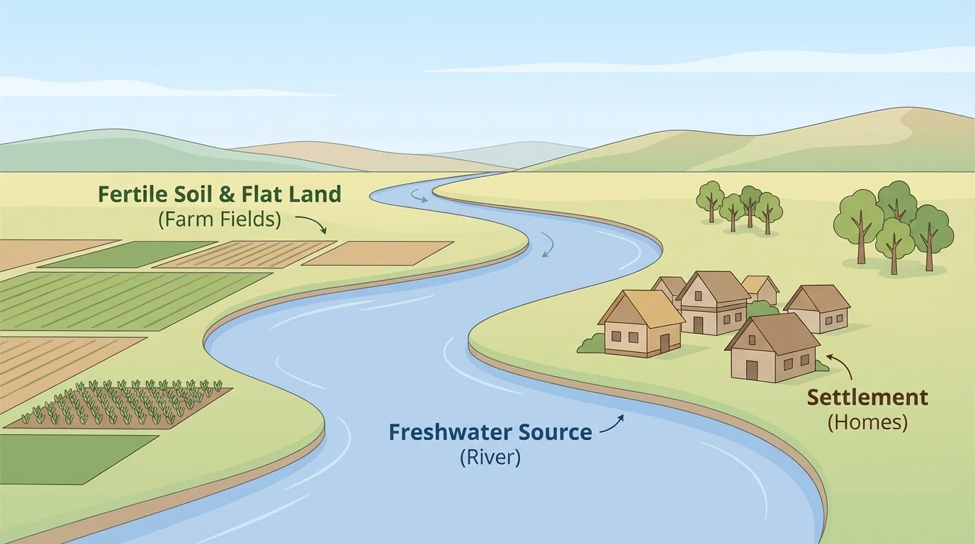 Landscape with a river, flat land, farm fields, trees, and a small group of homes built near the water