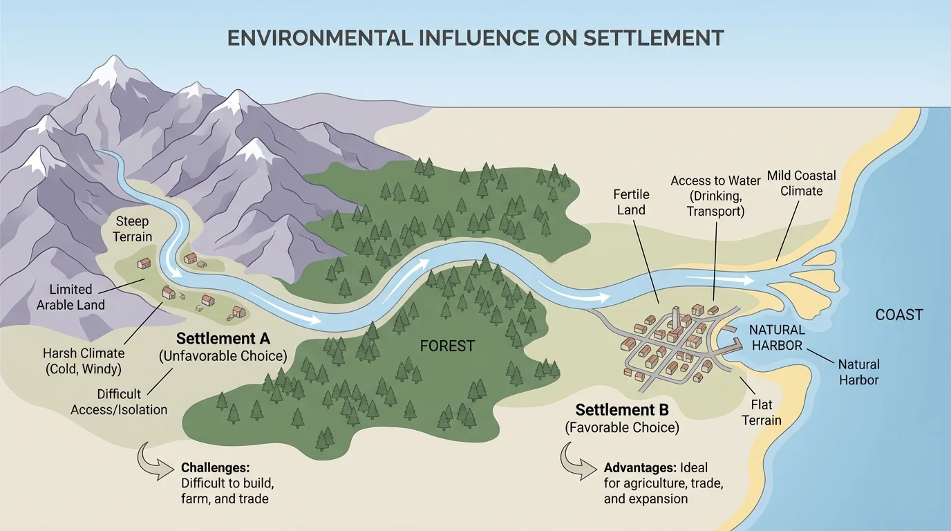 Simple map with a river, mountain area, forest, coast, and two labeled settlement choices for comparison