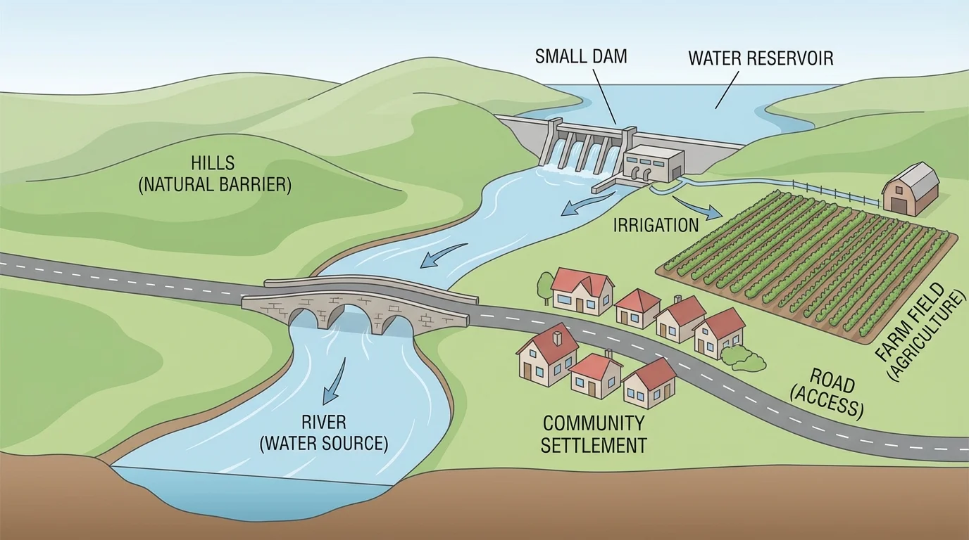 Community modifying the environment with a road, bridge over a river, farm field, houses, and a small dam nearby