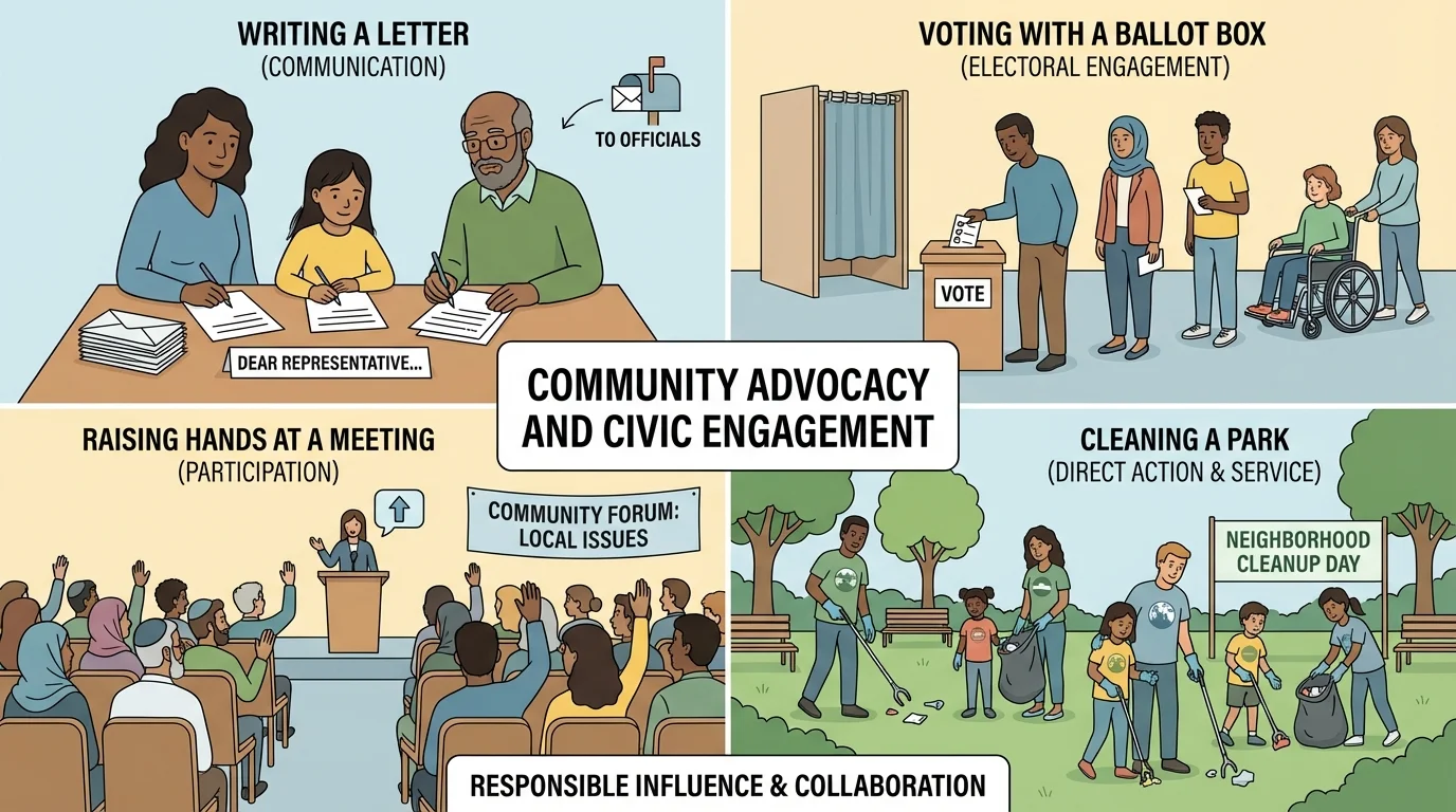 Children and adults writing a letter, raising hands at a meeting, voting with a ballot box, and cleaning a park