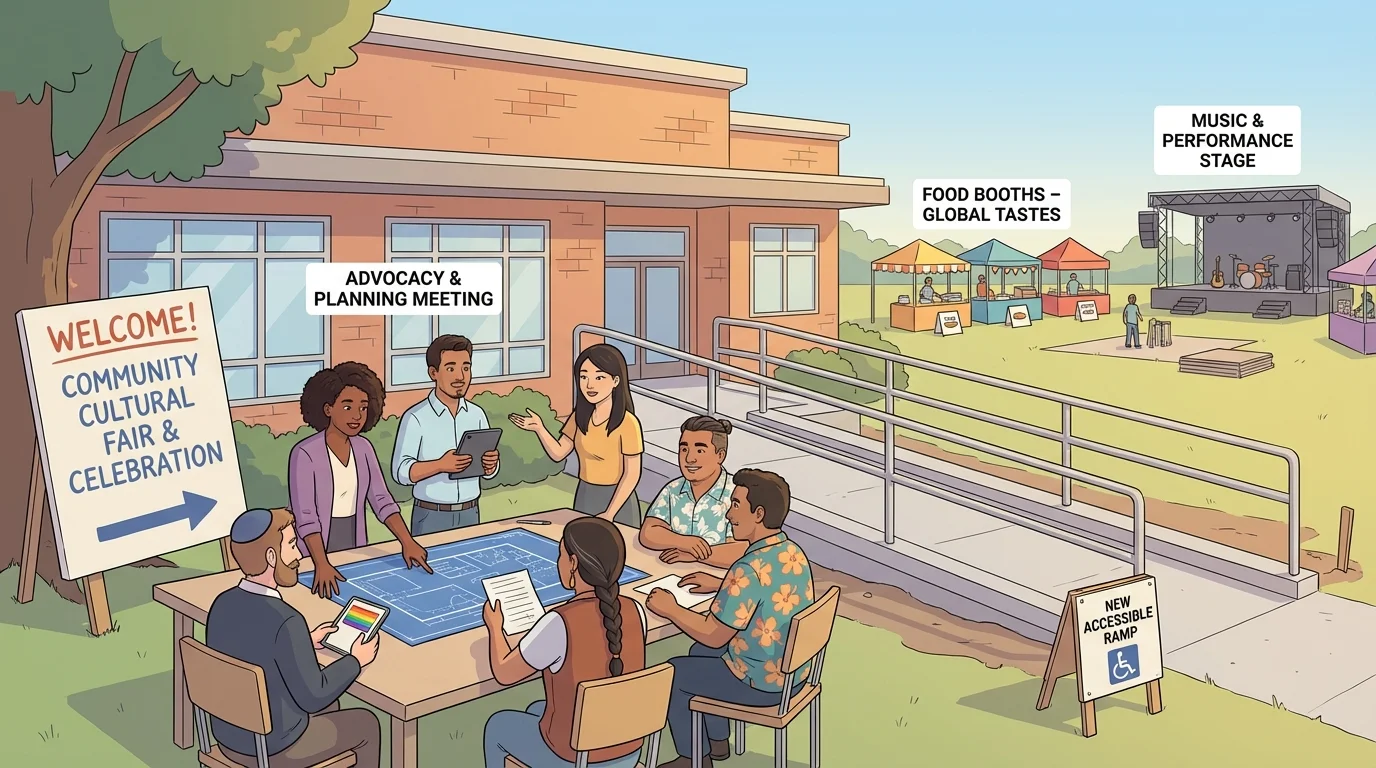 Neighbors planning a cultural fair with food booths, music stage, welcome sign, and a new ramp at a community center