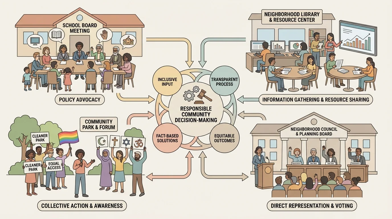 Children and adults from different backgrounds at a school, library, park, and neighborhood meeting board