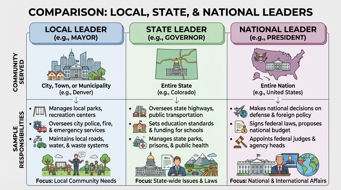 three-column comparison chart labeled mayor, governor, president with rows for community served and sample jobs such as parks, highways, and national decisions