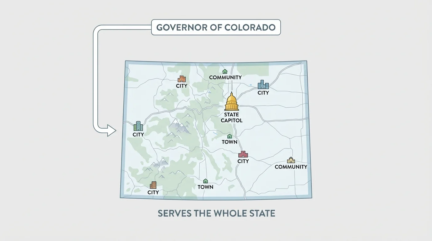 simple map of Colorado with a state capitol icon, several city and town icons, highways, mountains, and a governor label showing service to the whole state