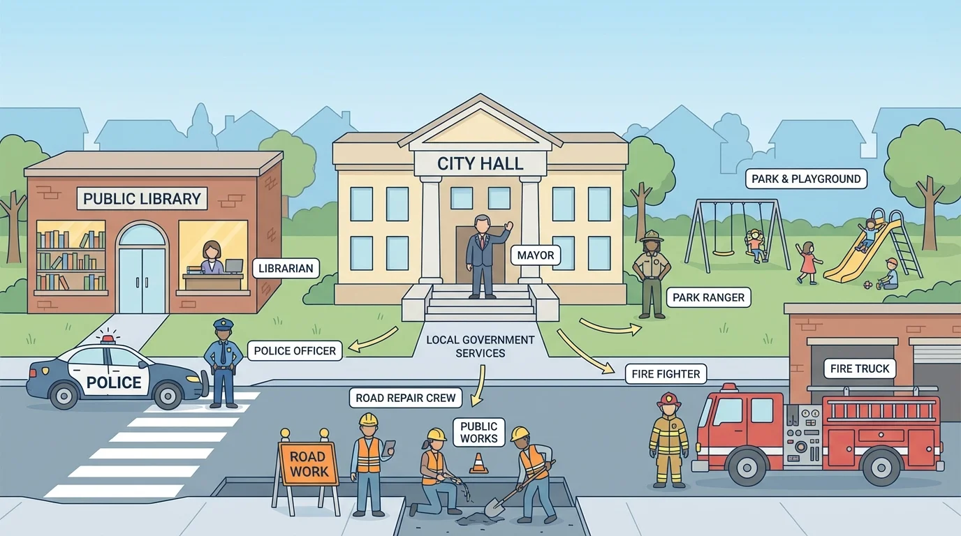 town scene with city hall, mayor, police officer, firefighter, public library, park playground, and road repair crew, with simple labels for city services