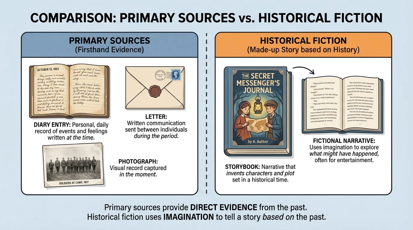 side-by-side comparison chart with simple labeled examples of a diary, a letter, a photograph, and a storybook to show primary source versus fiction