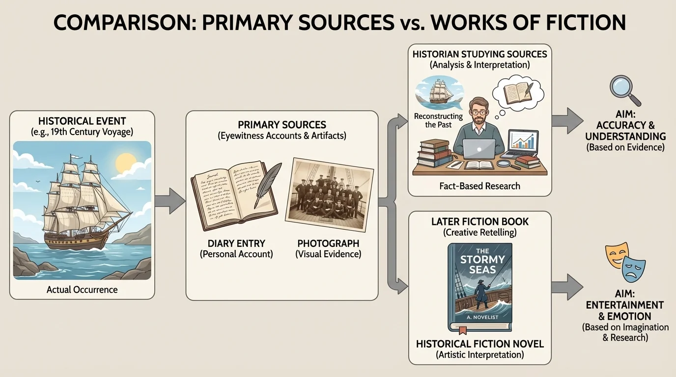 simple sequence showing a historical event, a diary entry, a photograph, a historian studying sources, and a later fiction book about the same topic