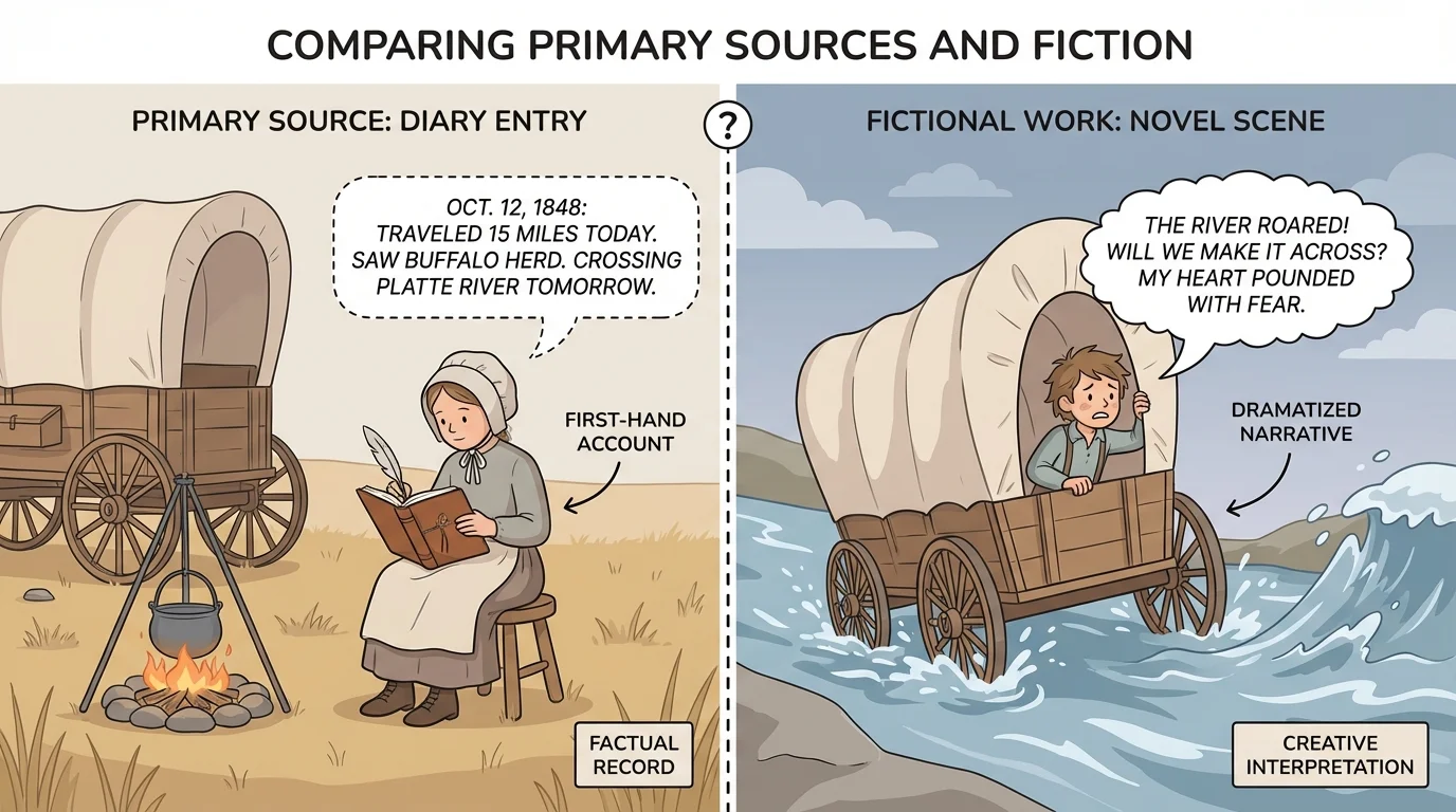 pioneer wagon journey with one child writing in a diary beside a wagon and a separate story scene of a fictional child looking worried during a river crossing