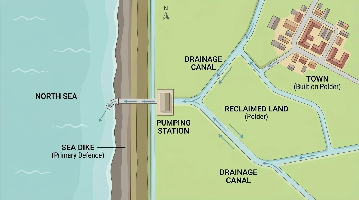Netherlands coastal map with sea, dike, canal, pumped reclaimed land, and a nearby town