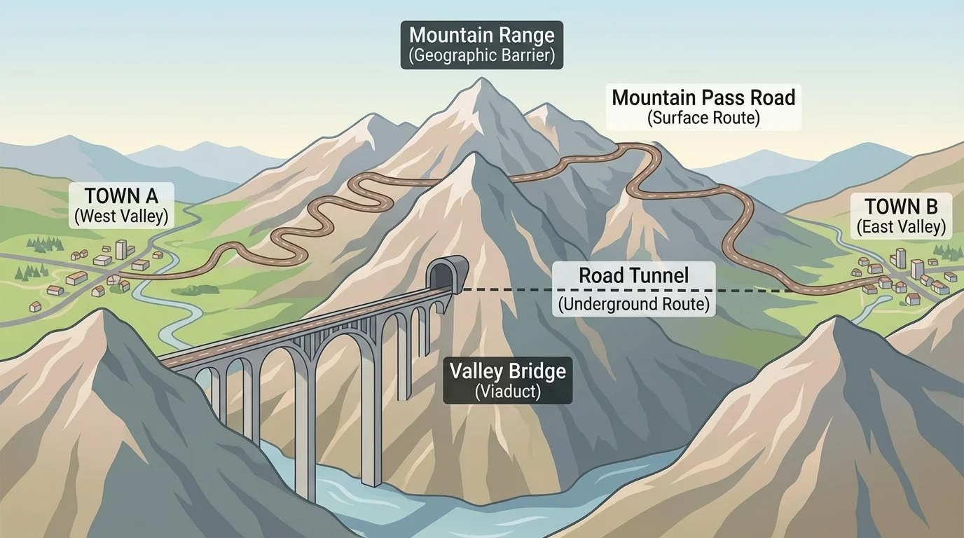 mountain region with two towns separated by mountains, a winding road over a pass, a tunnel through the mountain, and a bridge over a valley