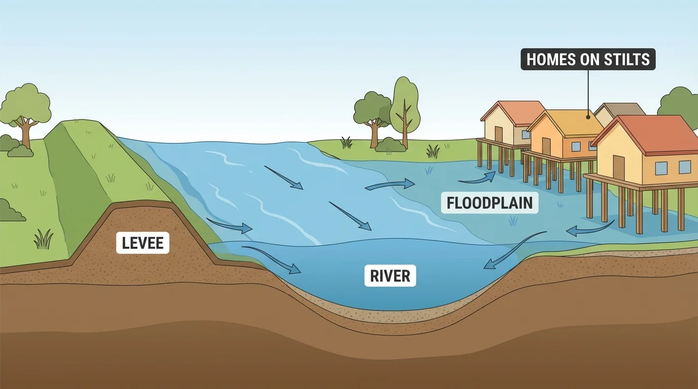 simple flood map with a river overflowing onto a floodplain, levee on one side, homes on stilts on the other side, and arrows showing water movement