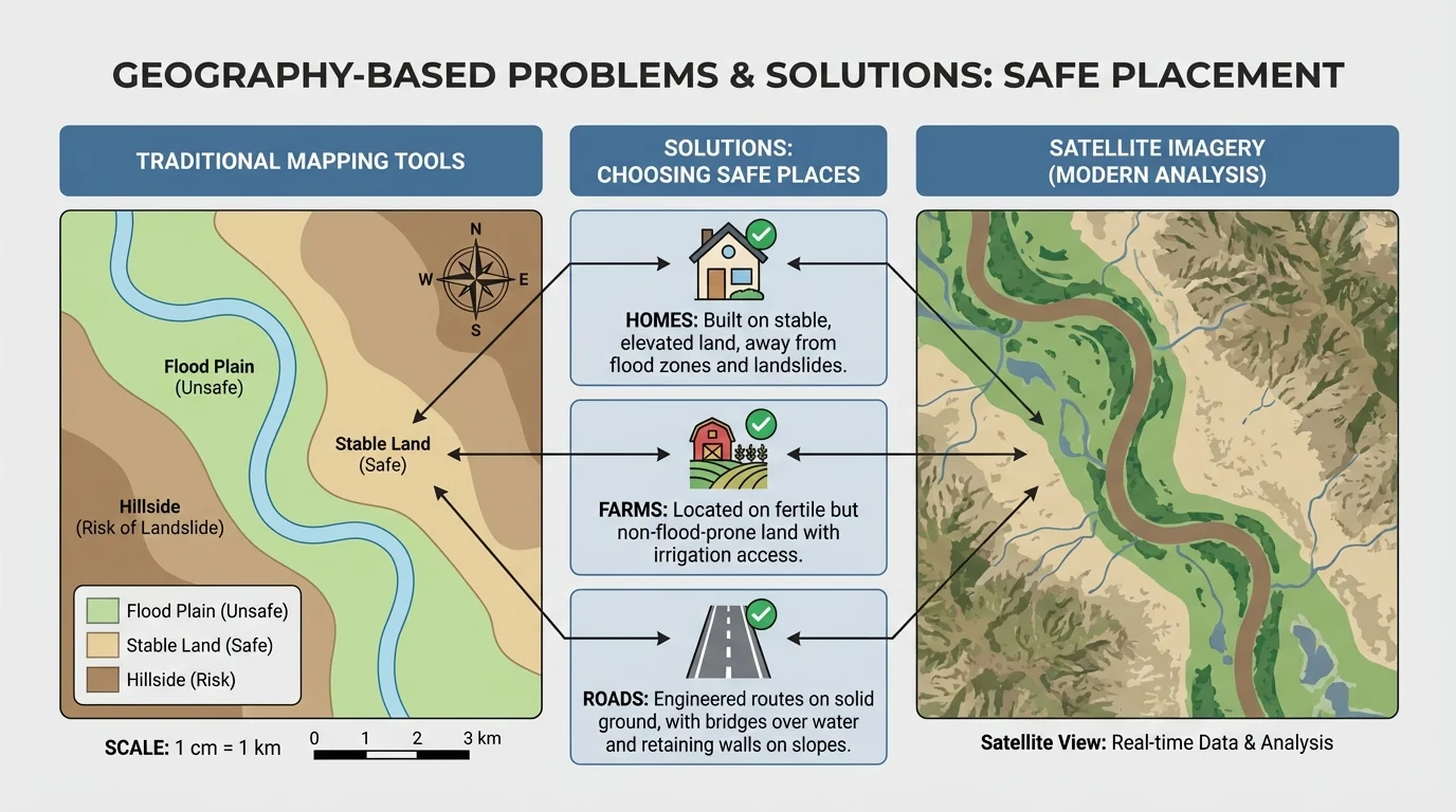 comparison chart showing a map with legend and compass rose, a scale bar, and a satellite image, all used to choose safe places for homes, farms, and roads