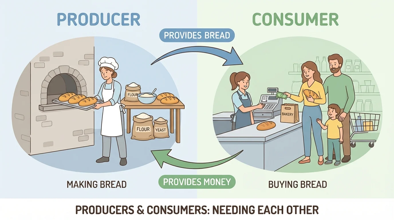 Child-friendly scene split into a baker making bread in a bakery and a family buying bread at a store counter