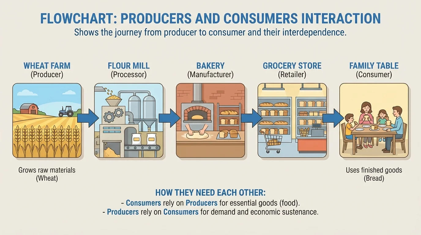 Flowchart showing wheat farm to flour mill to bakery to grocery store to family table with arrows between each stage