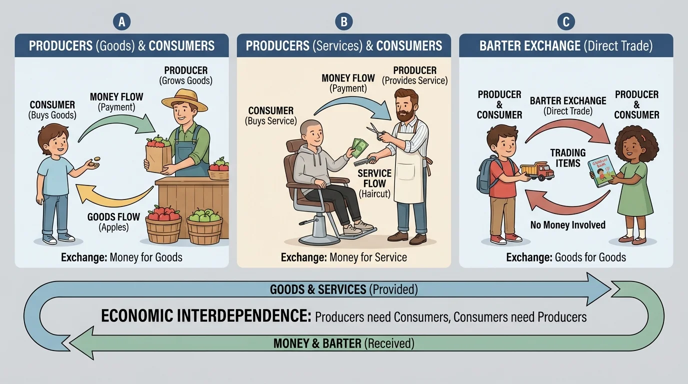 Three-panel scene showing a child buying apples with money, a person paying a barber for a haircut, and two children trading items in a barter exchange