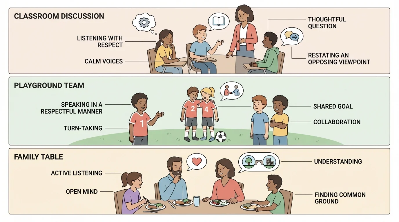 Split scene showing respectful discussion in classroom, on playground team, and at family table, with calm voices and turn-taking