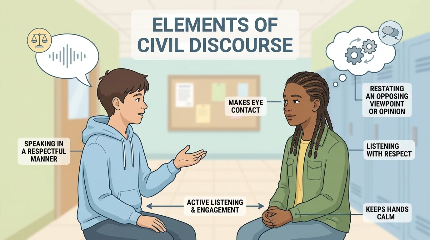 Two students in discussion, one speaking while the other faces them, waits quietly, makes eye contact, and keeps hands calm