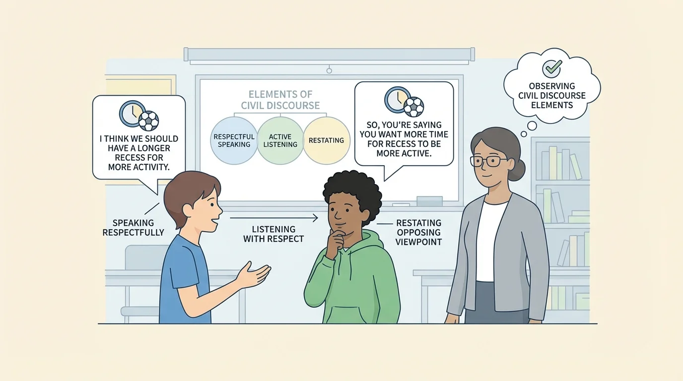 Classroom conversation with speech bubbles: one student says a recess opinion, another restates it in simpler words, teacher observing