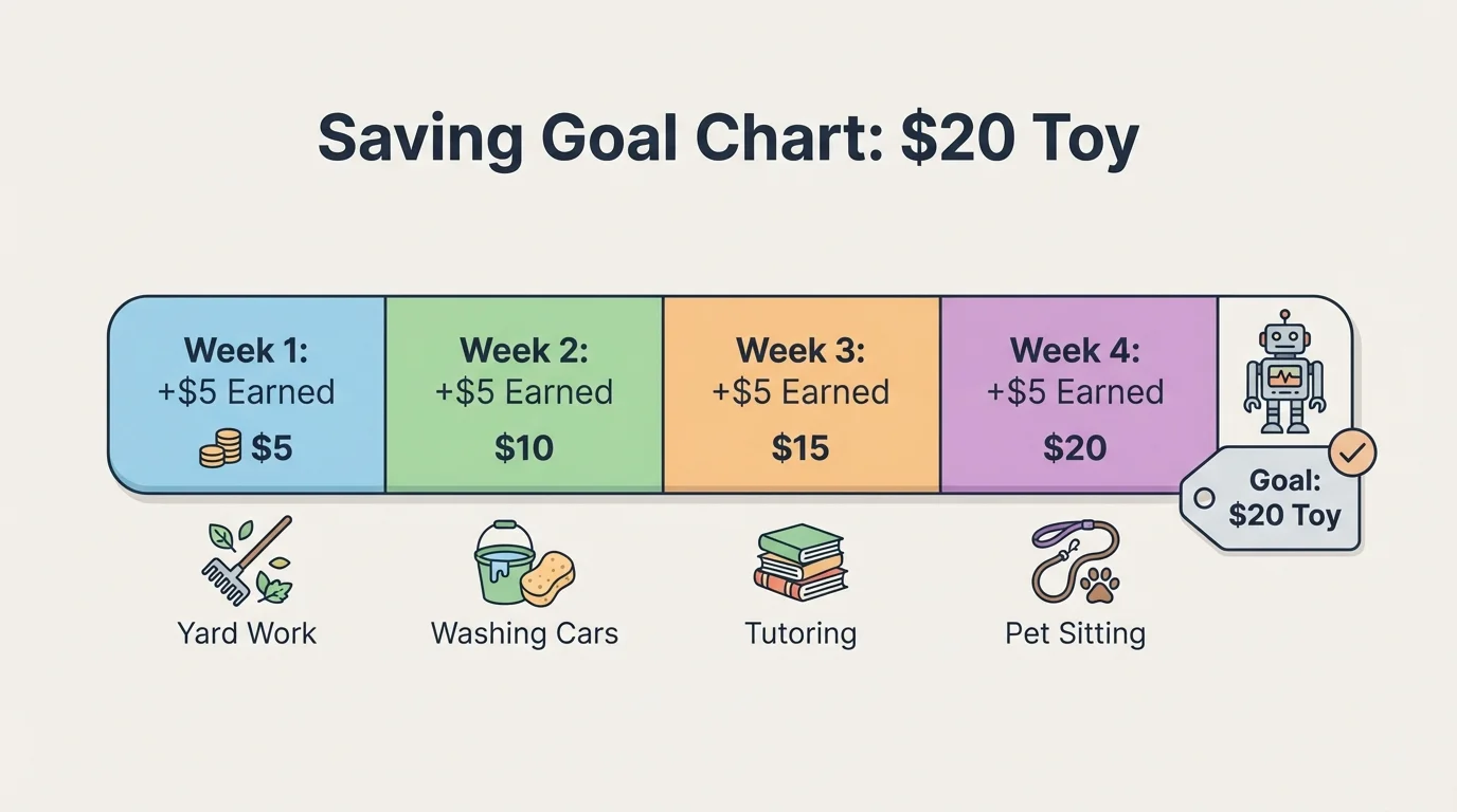 Savings goal chart for a $20 toy with weekly earnings of $5, showing four boxes filling from $5 to $20