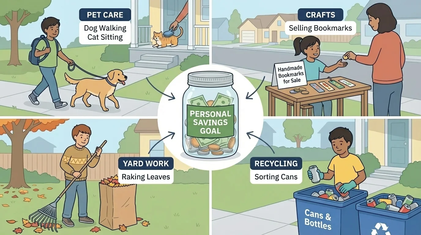 Child doing several age-appropriate money-earning activities such as pet care, raking leaves, selling handmade bookmarks, and sorting cans for recycling, with adult-approved neighborhood setting