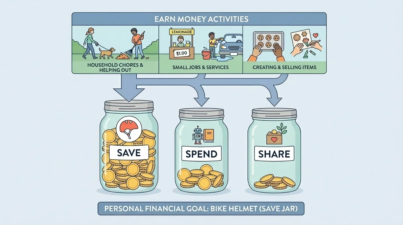 Three labeled jars Save, Spend, and Share with coins, with most coins in Save for a bike helmet goal