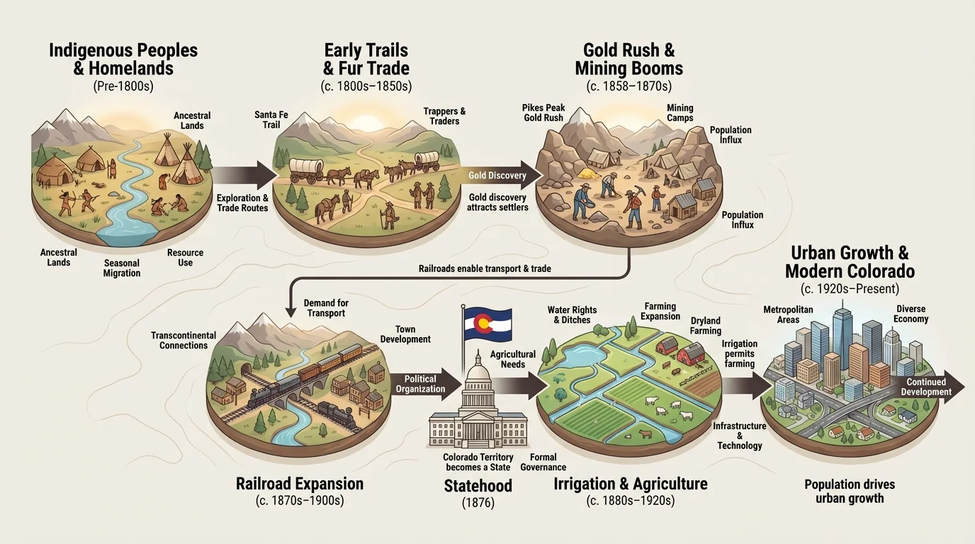 timeline with Indigenous homelands, trail travel, gold rush, railroads, statehood, irrigation growth, and city expansion